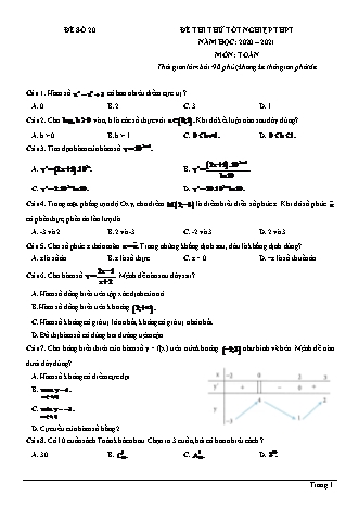 Đề thi thử Tốt nghiệp THPT môn Toán - Đề số 20 - Năm học 2020-2021 (Có đáp án)