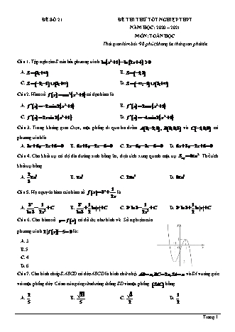 Đề thi thử Tốt nghiệp THPT môn Toán - Đề số 21 - Năm học 2020-2021 (Có lời giải chi tiết)