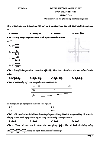 Đề thi thử Tốt nghiệp THPT môn Toán - Đề số 9 - Năm học 2020-2021 (Có đáp án)