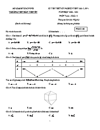 Đề thi thử Tốt nghiệp THPT môn Toán - Lần 1 - Mã đề: 105 - Năm học 2020-2021 - Trường THPT Hàn Thuyên (Có đáp án)