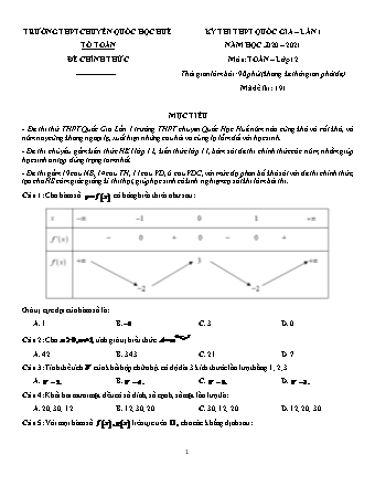 Đề thi thử Tốt nghiệp THPT môn Toán - Lần 1 - Mã đề: 191 - Năm học 2020-2021 - Trường THPT chuyên Quốc học Huế (Có đáp án)
