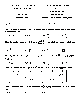 Đề thi thử Tốt nghiệp THPT môn Toán - Lần 1 - Mã đề: 295 - Năm học 2020-2021 - Trường THPT Kinh Môn (Có đáp án)