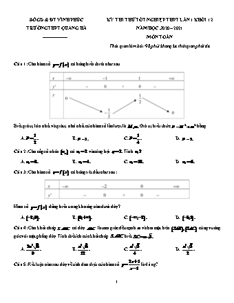 Đề thi thử Tốt nghiệp THPT môn Toán - Lần 1 - Năm học 2020-2021 - Trường THPT Quang Hà (Có đáp án)