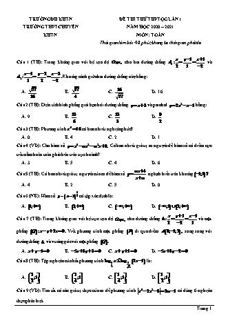 Đề thi thử Tốt nghiệp THPT môn Toán - Lần 1 - Năm học 2020-2021 - Trường THPT chuyên Khoa học tự nhiên (Có đáp án)