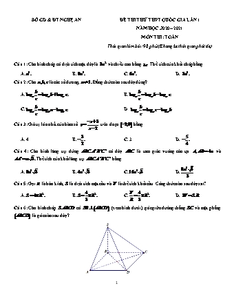 Đề thi thử Tốt nghiệp THPT môn Toán - Lần 1 - Năm học 2020-2021 - Sở giáo dục và đào tạo Nghệ An (Có đáp án)