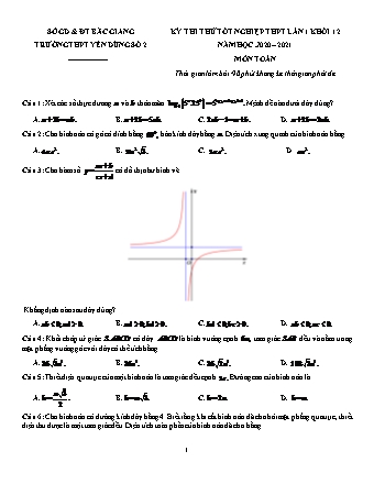 Đề thi thử Tốt nghiệp THPT môn Toán - Lần 1 - Năm học 2020-2021 - Trường THPT Yên Dũng số 2 (Có đáp án)
