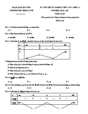 Đề thi thử Tốt nghiệp THPT môn Toán - Lần 1 - Năm học 2020-2021 - Trường THPT Hồng Lĩnh (Có đáp án)