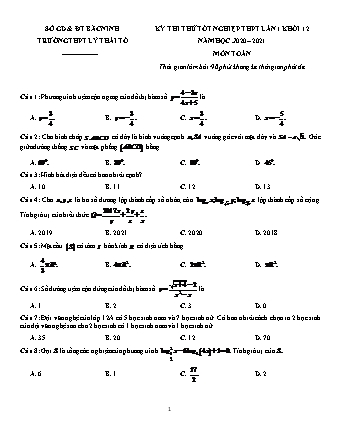Đề thi thử Tốt nghiệp THPT môn Toán - Lần 1 - Năm học 2020-2021 - Trường THPT Lý Thái Tổ (Có đáp án)
