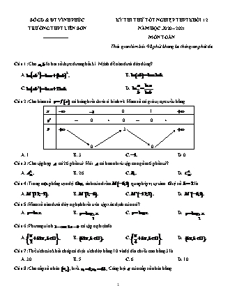 Đề thi thử Tốt nghiệp THPT môn Toán - Năm học 2020-2021 - Trường THPT Liễn Sơn (Có đáp án)