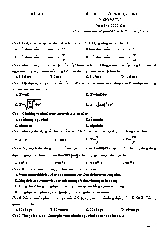 Đề thi thử Tốt nghiệp THPT môn Vật lí - Đề số 1 - Năm học 2020-2021 (Có lời giải chi tiết)