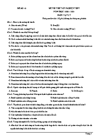 Đề thi thử Tốt nghiệp THPT môn Vật lí - Đề số 10 - Năm học 2020-2021 (Có đáp án)