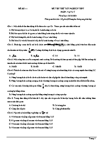 Đề thi thử Tốt nghiệp THPT môn Vật lí - Đề số 11 - Năm học 2020-2021 (Có lời giải chi tiết)