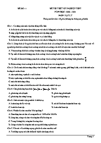 Đề thi thử Tốt nghiệp THPT môn Vật lí - Đề số 11 - Năm học 2020-2021 (Có đáp án)