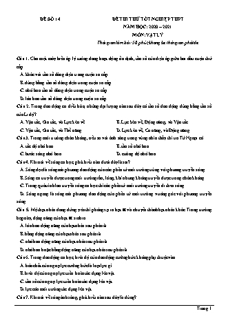 Đề thi thử Tốt nghiệp THPT môn Vật lí - Đề số 14 - Năm học 2020-2021 (Có đáp án)