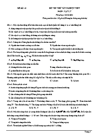 Đề thi thử Tốt nghiệp THPT môn Vật lí - Đề số 18 - Năm học 2020-2021 (Có lời giải chi tiết)