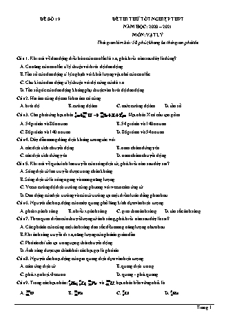 Đề thi thử Tốt nghiệp THPT môn Vật lí - Đề số 19 - Năm học 2020-2021 (Có đáp án)