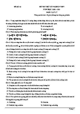 Đề thi thử Tốt nghiệp THPT môn Vật lí - Đề số 20 - Năm học 2020-2021 (Có đáp án)