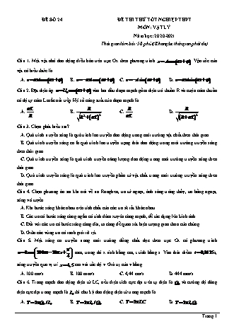 Đề thi thử Tốt nghiệp THPT môn Vật lí - Đề số 24 - Năm học 2020-2021 (Có lời giải chi tiết)