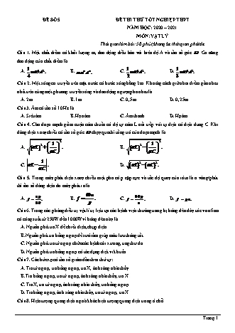Đề thi thử Tốt nghiệp THPT môn Vật lí - Đề số 5 - Năm học 2020-2021 (Có đáp án)