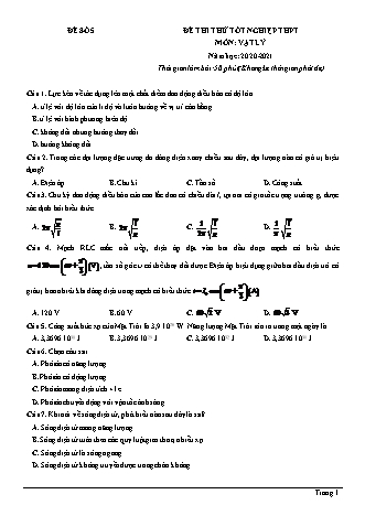 Đề thi thử Tốt nghiệp THPT môn Vật lí - Đề số 5 - Năm học 2020-2021 (Có lời giải chi tiết)