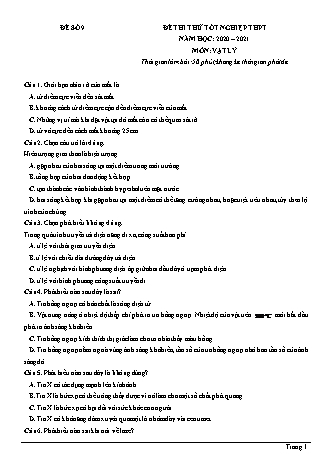 Đề thi thử Tốt nghiệp THPT môn Vật lí - Đề số 9 - Năm học 2020-2021 (Có đáp án)