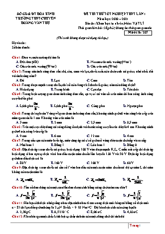 Đề thi thử Tốt nghiệp THPT môn Vật lí - Lần 1 - Mã đề: 207 - Năm học 2020-2021 - Trường THPT chuyên Hoàng Văn Thụ (Có đáp án)