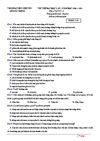 Đề thi thử Tốt nghiệp THPT môn Vật lí - Lần 1 - Mã đề: 215 - Năm học 2020-2021 - Trường THPT chuyên Quang Trung (Có đáp án)