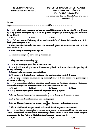 Đề thi thử Tốt nghiệp THPT môn Vật lí - Lần 2 - Mã đề: 567 - Năm học 2020-2021 - Trường THPT chuyên Vĩnh Phúc (Có đáp án)