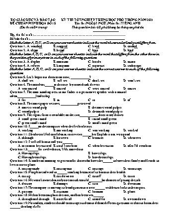 Đề thi thử Tốt nghiệp THPT Ngoại ngữ - Môn: Tiếng Anh - Đề số 15 - Năm học 2021 (Có đáp án)