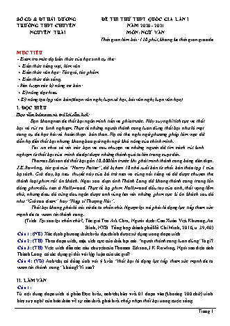 Đề thi thử Tốt nghiệp THPT Ngữ văn - Lần 1 - Năm học 2020-2021 - Trường THPT chuyên Nguyễn Trãi (Có đáp án)
