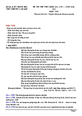 Đề thi thử Tốt nghiệp THPT Ngữ văn - Lần 1 - Năm học 2020-2021 - Trường THPT chuyên Lam Sơn (Có đáp án)