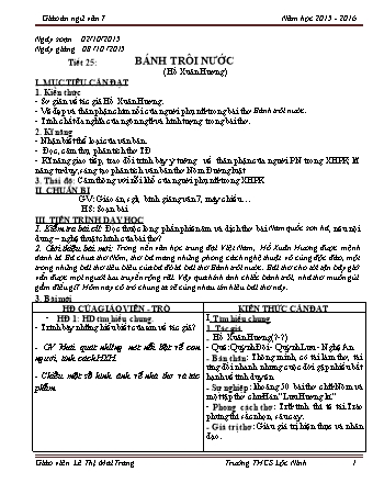 Giáo án Ngữ văn Lớp 7 - Tiết 25: Văn bản Bánh trôi nước - Năm học 2015-2016 - Lê Thị Mai Trang