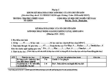 Kế hoạch dạy học của tổ chuyên môn Khoa học tự nhiên Lớp 6 theo CV5512 - Phần: Vật lí - Năm học 2021-2022 - Trường THCS Thiệu Giao