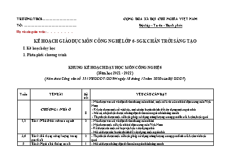 Kế hoạch dạy học môn Công nghệ Lớp 6 Sách Chân trời sáng tạo theo CV5512 - Năm học 2021-2022