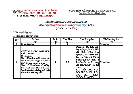 Kế hoạch giáo dục Hóa học Lớp 9 - Năm học 2021-2022 - Trường THCS Lê Quý Đôn