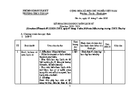 Kế hoạch giáo dục môn Lịch sử THCS - Năm học 2020-2021 - Trường THCS Tân An