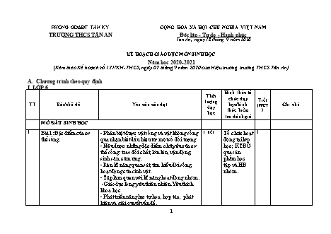 Kế hoạch giáo dục môn Sinh học THCS - Năm học 2020-2021 - Trường THCS Tân An