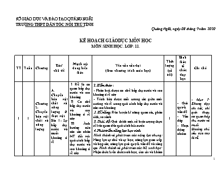 Kế hoạch giáo dục Sinh học Lớp 11 - Năm học 2020-2021 - Trường THPT DTNT tỉnh Quảng Ngãi