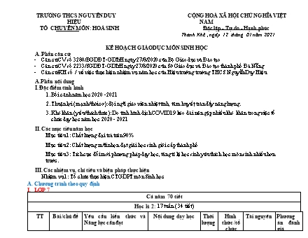 Kế hoạch giáo dục Sinh học Lớp 7 theo CV3280 - Năm học 2020-2021 - Trường THCS Nguyễn Duy Hiệu