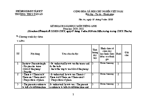 Kế hoạch giáo dục Tiếng Anh THCS - Chương trình dạy thêm - Năm học 2020-2021 - Trường THCS Tân An