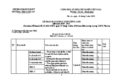 Kế hoạch giáo dục Tiếng Anh THCS - Chương trình theo quy định - Năm học 2020-2021 - Trường THCS Tân An