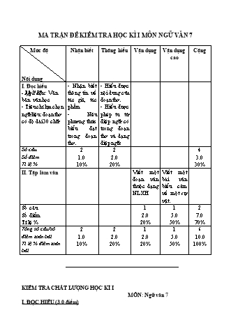 Đề kiểm tra chất lượng Học kì 1 Ngữ văn Lớp 7 (Có đáp án)