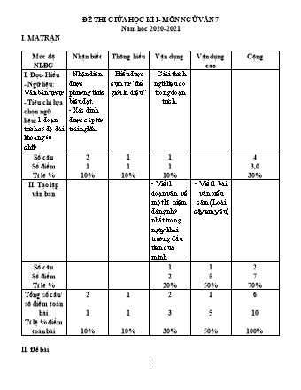 Đề kiểm tra Giữa học kì 1 Ngữ văn Lớp 7 - Năm học 2020-2021 (Có đáp án)