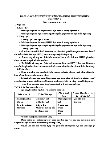 Giáo án Khoa học tự nhiên Lớp 6 Sách Chân trời sáng tạo - Mở đầu - Bài 2: Các lĩnh vực chủ yếu của khoa học tự nhiên