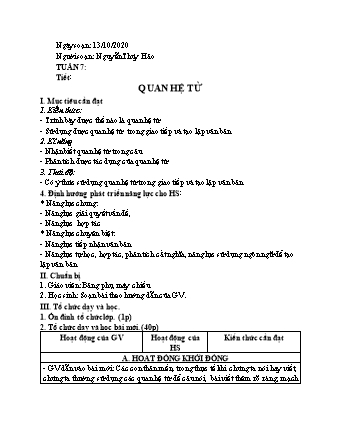 Giáo án Ngữ văn Lớp 7 - Tuần 7 - Quan hệ từ - Năm học 2020-2021 - Nguyễn Thúy Hảo