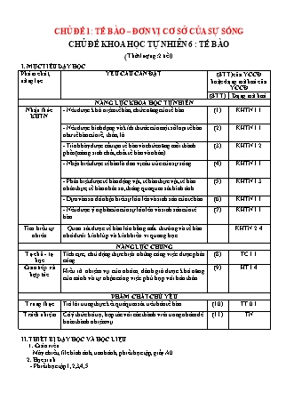 Kế hoạch bài dạy Khoa học tự nhiên Lớp 6 Sách Chân trời sáng tạo - Phần: Sinh học - Chủ đề 1: Tế bào. Đơn vị cơ sở của sự sống