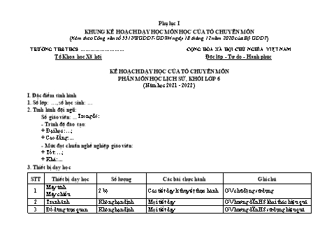 Kế hoạch dạy học của tổ chuyên môn Lịch sử Lớp 6 Sách Chân trời sáng tạo theo CV5512 - Năm học 2021-2022