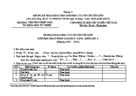 Kế hoạch dạy học Giáo dục thể chất Lớp 6 Sách Chân trời sáng tạo theo CV5512 - Năm học 2021-2022