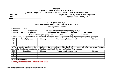 Kế hoạch dạy học Lịch sử Lớp 6 Sách Cánh diều - Năm học 2021-2022