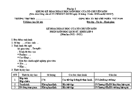 Kế hoạch dạy học Lịch sử Lớp 6 Sách Cánh diều theo CV5512 - Năm học 2021-2022